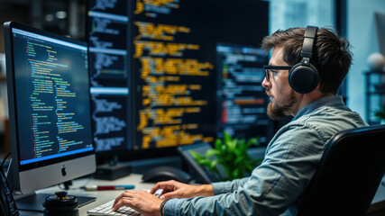 Software developer wearing headphones is developing software in his office