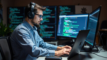 Software developer wearing headphones is developing software in his office