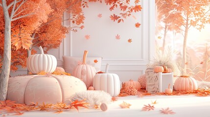 Wall Mural - Autumn landscape with soft orange and pink leaves, pastel colored pumpkins.