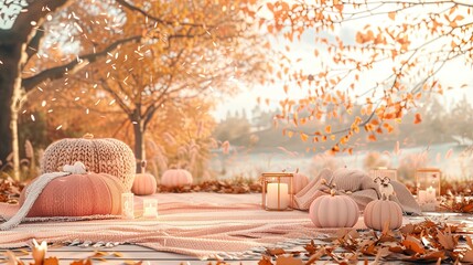 Wall Mural - Autumn landscape with soft orange and pink leaves, pastel colored pumpkins.