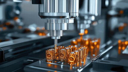 Canvas Print - Close-up of automated CNC machine working on metallic components on a production line in a factory setting, focusing on precision manufacturing technology.