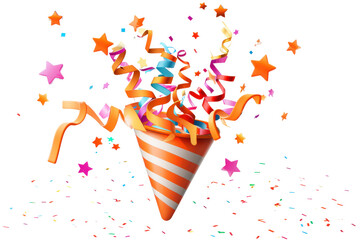 Festive party popper, A vibrant 3D party popper exploding with multicolored streamers and stars, isolated on a transparent background. Perfect for celebration and festive event graphics. PNG, File
