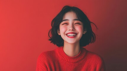 Minimalist portrait of joyful young woman Simple and clean portraits focusing on joyful expressions, often used in lifestyle photography or minimalistic branding.