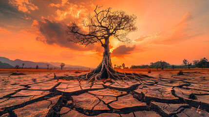 Alone died tree on cracked soil in sunset background showing effect of high temperature climate change global warming environment situation, natural warm atmospheric situation land roots ecosystem