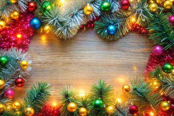 Wall Mural - pine branch and ornament holiday border with twinkling lights