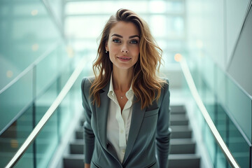 Portrait of a businesswoman with stairs bokeh in the background.