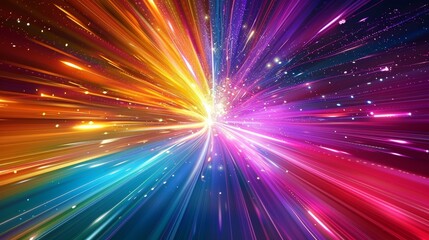 Wall Mural - Colorful light streaks radiating from a central point, creating a vibrant burst of energy against a dark background