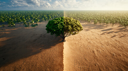 striking image of tree standing at boundary between lush green forest and dry, cracked desert landsc