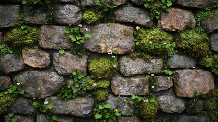 Stone Wall Covered in Greenery and Flowers