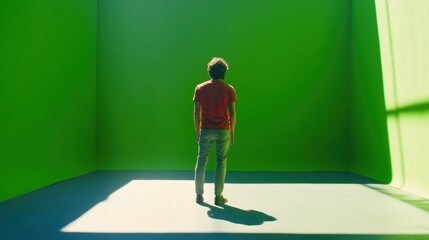 Poster - Person on green screen with minimal shadows - Techniques to reduce or eliminate shadows in green screen setups, ensuring cleaner keying and a more professional look, 