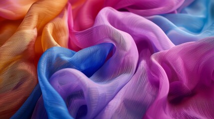 Wall Mural - colorful silk fabric draped softly in natural light showcasing vibrant hues of pink, blue, and orang