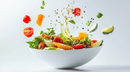 photograph of Vegetable salad in a bowl with flying ingredients and drops of olive oil. On a white background telephoto lens summer daylight cool color