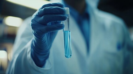 Poster - A scientist holding a test tube with a blue liquid in it