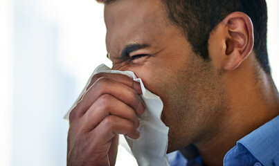 Canvas Print - Tissue, sneeze and sick businessman in office with flu virus, allergies and health problem. Professional, ill employee and blowing nose in toilet paper for medical disease, sinusitis and hayfever