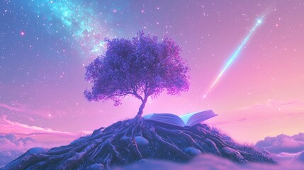 Wall Mural - 3d render of a Glow-in-the-dark planner, roots grounding, shooting star ascending, clear sky. on a pastel background, purples and pinks, strong 