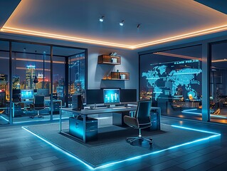 Poster - Modern office with glowing blue lights and city view at night.