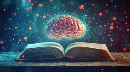 Wall Mural - a brain and a open book, magical lights, colors, illustration style