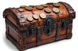 © Teerasak - A treasure chest partially open with old coins isolated on white background.