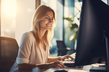 Woman working at a computer in a modern office setting during golden hour, showcasing a focused and positive work environment