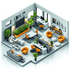 Poster - Modern Office Interior with Green Plants and Orange Accents