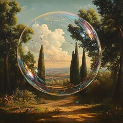 Sticker - A surreal landscape featuring a large soap bubble reflecting a scenic view of trees and hills.