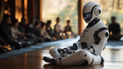 Poster - A robot is sitting on the floor in front of a crowd of people