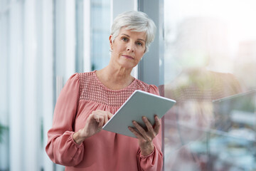 Poster - Tablet, portrait and mature business woman research, check email or scroll online by window. Face, digital technology and serious manager design ads, campaign review or app in creative startup in UK