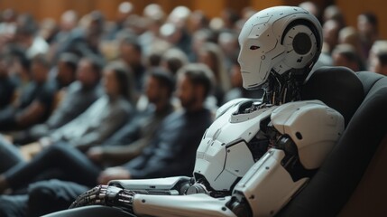 Poster - A robot is sitting in a chair in front of a crowd of people