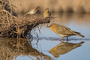 Weaver Birds Nesting Near a Waterhole