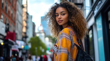 Young woman in casual attire and vibrant urban setting - A blend of relaxed fashion and energetic cityscapes, ideal for street style or fashion-forward photography.