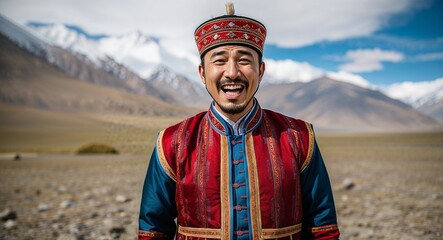 Uighur guy in traditional outfit joyful expression portrait photo cultural setting