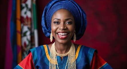 Yoruba woman in traditional attire joyful expression portrait photo vibrant background