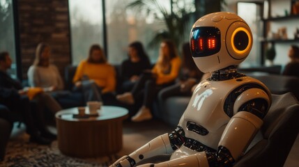 Aufkleber - A robot is sitting in a living room with a group of people