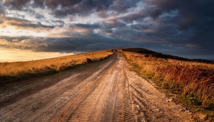 deserted country dirt road up over hilltop under evening dramatic cloudy sky