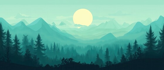 Canvas Print - A serene landscape featuring mountains, forests, and a large sun, creating a peaceful and tranquil atmosphere in soft, muted colors.