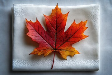 Wall Mural - a thanksgiving dinner napkin with a maple leaf motif isolated on white background.