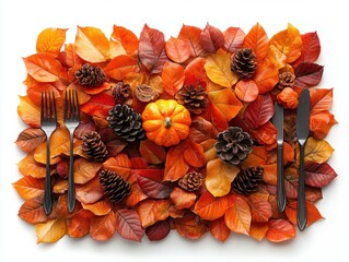 Wall Mural - a thanksgiving place setting with autumn leaves isolated on white background.