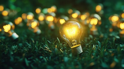 Poster - A beautiful representation of a glowing lightbulb surrounded by dark unlit bulbs on a vibrant green backdrop, symbolizing creativity and the birth of new ideas.