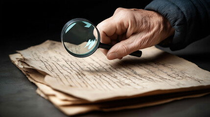 Sticker - Close-up of a hand holding a magnifying glass examining aged, handwritten documents on a table for study or investigation purposes.