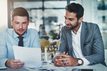 Aufkleber - Business people, men and meeting with documents in office for data analysis on company stats and website traffic performance. Finance team, smile and paperwork for kpi growth, sales profit and review