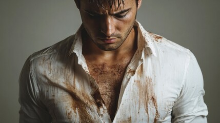 Wall Mural - A man is wearing a white shirt and has a lot of sweat on his face