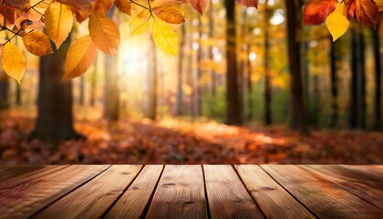 idyllic autumn forest background in sunshine defocused lights on colorful tree leaves fall leaf foreground for presentation space natural product display in beautiful nature