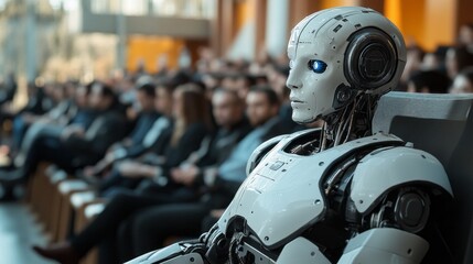 Poster - A robot is sitting in a room full of people