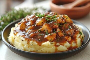 Wall Mural - a plate of mashed potatoes with gravy isolated on white background.