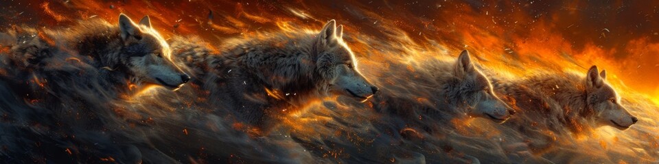 Naklejka na meble Four wolves running through fire and smoke