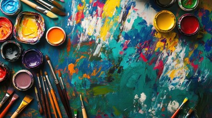 Poster - A dynamic abstract background featuring colorful paint splashes and an array of art supplies, designed to inspire creativity and artistic expression in an art studio.