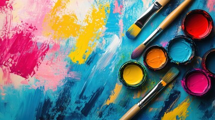 Poster - A dynamic abstract background featuring colorful paint splashes and an array of art supplies, designed to inspire creativity and artistic expression in an art studio.