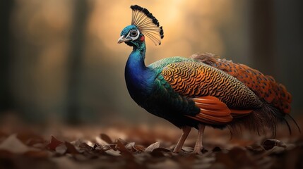 Wall Mural - Colorful peacock standing among fallen leaves with blurred forest background and soft, warm lighting accentuating vibrant feathers and elegant plume.