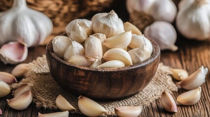 A rustic bowl filled with peeled garlic cloves, surrounded by whole garlic bulbs, displayed on a wooden table, creating a warm and inviting kitchen atmosphere.