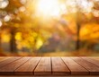 © Sam - product display on rustic wooden plank in idyllic autumn nature scene backdrop with blurred sunlights and colorful bokeh motion background